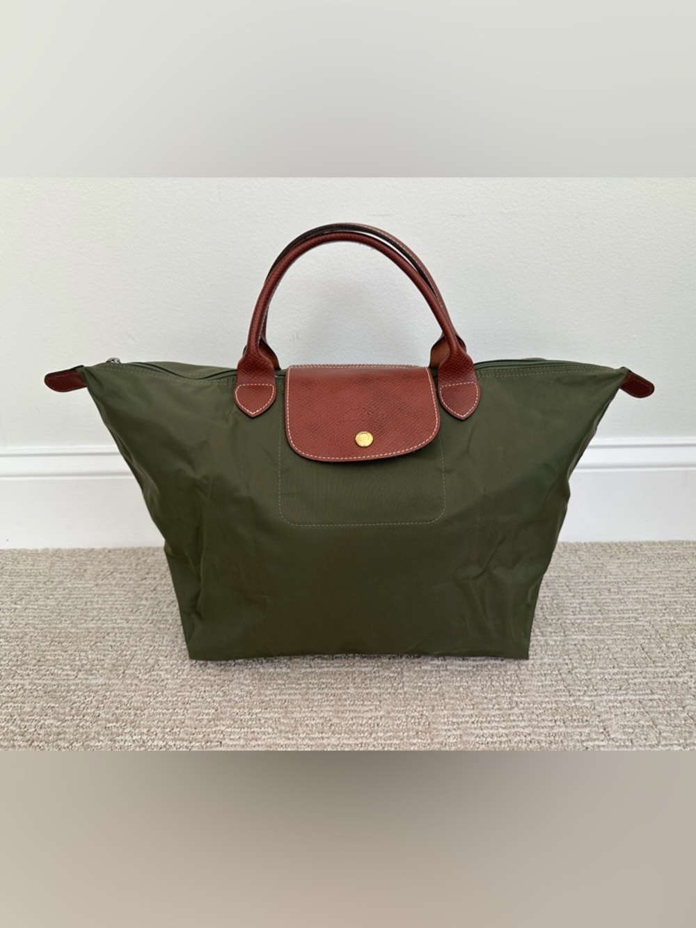 Longchamp Olive Green Le Pliage Medium Handbag